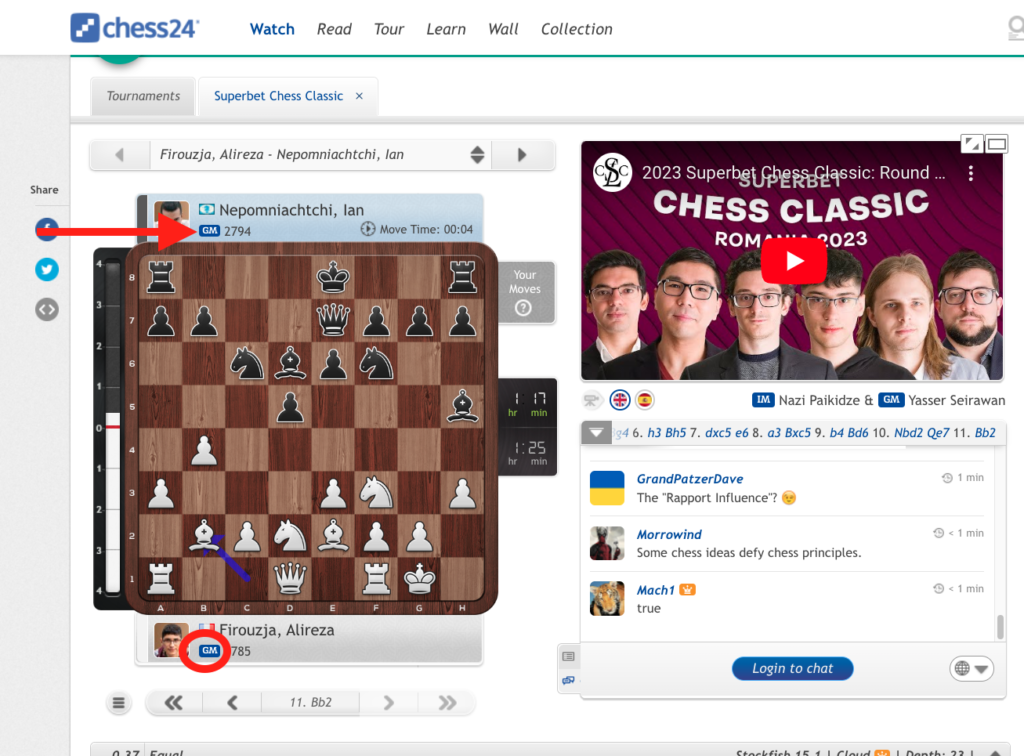 a screenshot of a live match between two GMs to show how to get a chess title and what they are 