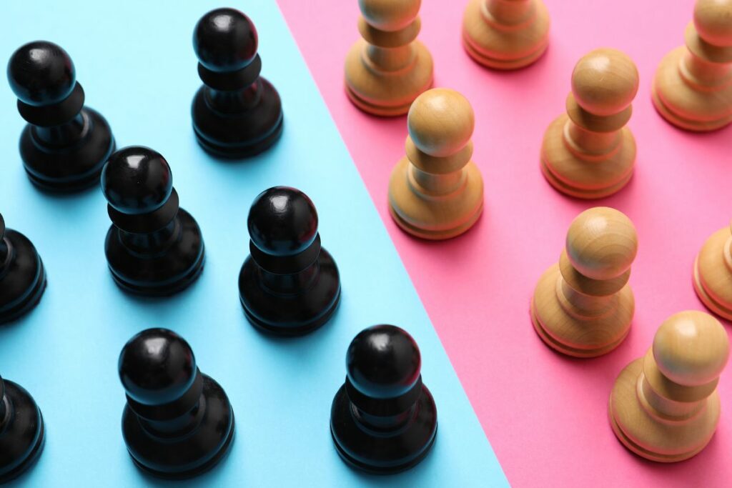 a photo of separate chess pieces to show why is chess separated by gender