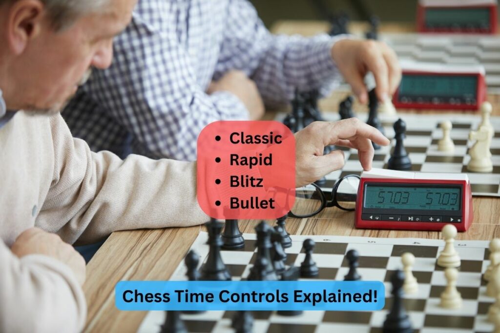chess tournament with a player pressing the clock to explain the different chess time controls 